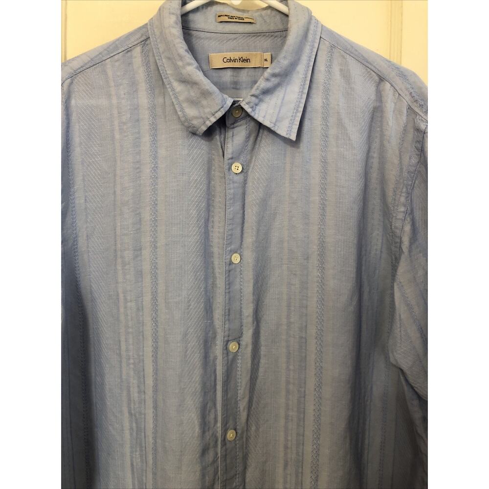 Calvin Klein Mens XL Light Blue Linen Tencel Short Sleeve Button Up Linen Blend - Picture 2 of 7